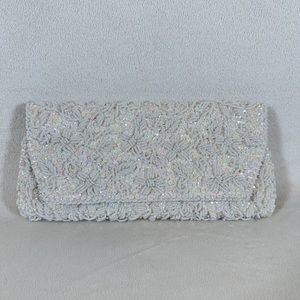 Vintage Beaded Pearl Sequin Ivory/White Satin Clutch Handbag